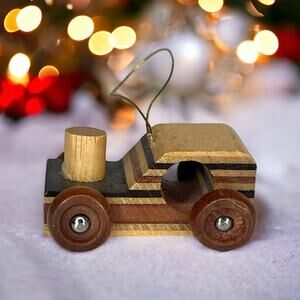 Vintage Wooden Car Ornament Wood Inlay Handmade Rustic Folk Art Mini Car Decor